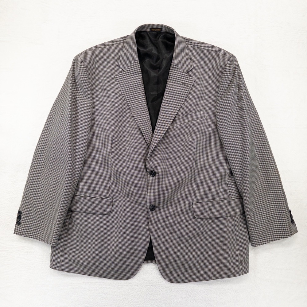Stafford Mens Blazer 46S Gray Blue Houndstooth Wool Blend Two Button Sport Coat